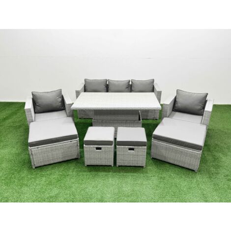 Fimous 8 PCs Rising Dining Table Set Rattan Furniture Set with 3 Seater Sofa Chair 2 Big Footstools 2 Small Footstools Light Grey