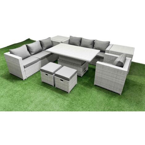 Fimous 8 PCs Rising Dining Table Set Rattan Furniture Set with 3 Seater Sofa Chair 2 Small Footstools 2 Side Tables Light Grey