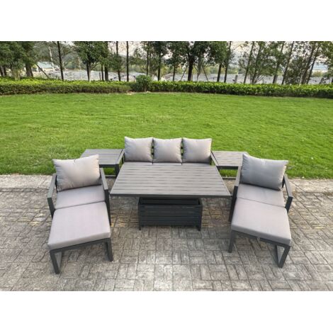 Fimous 8-Piece Aluminium Garden Furniture Sets 7 Seater Outdoor Sofa Set with Adjustable Rising Lifting Dining Table 2 Chairs 2 Big Footstools 2 Side Tables