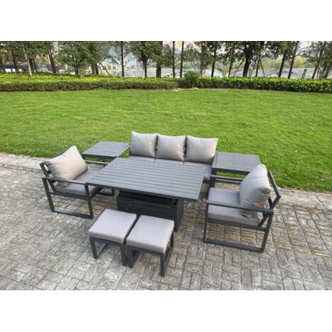 Fimous 8-Piece Aluminium Garden Furniture Sets 7 Seater Outdoor Sofa Set with Adjustable Rising Lifting Dining Table 2 Chairs 2 Small Footstools 2 Side Tables
