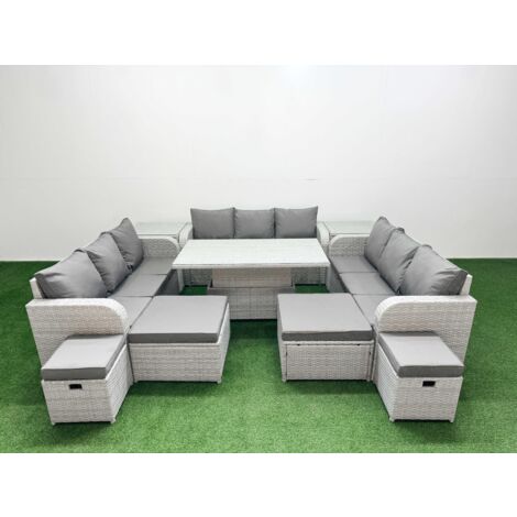 Fimous 8 Pieces Garden Rising Dining Table High Back Inclining Sofa Set 2 Big Footstool 2 Small Stool 2 Side Table Light Grey