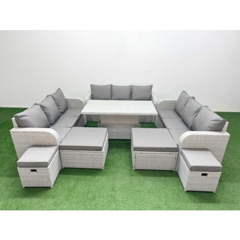Fimous 8 Pieces Garden Rising Dining Table High Back Inclining Sofa Set 2 Big Footstool 2 Small Stool Light Grey
