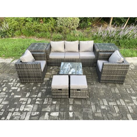 Fimous 8 Pièces Mobilier de jardin extérieur en rotin avec Fauteuil 2 Tables d'appoint Table basse carrée 2 Petits poufs Mélange gris foncé