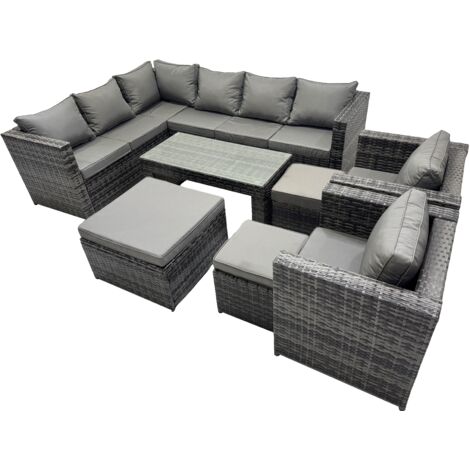 Fimous 8 Pieces Outdoor PE Rattan Garden Furniture Corner Sofa Oblong Coffee Table Set with Cushions 3 Footstools Dark Grey Mixed
