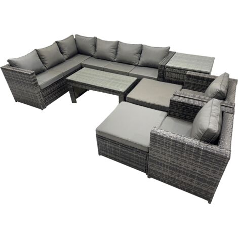 Fimous 8 Pieces Outdoor PE Rattan Garden Furniture Corner Sofa Oblong Coffee Table Set with Cushions Chair 2 Big Footstools Side Table Dark Grey Mixed