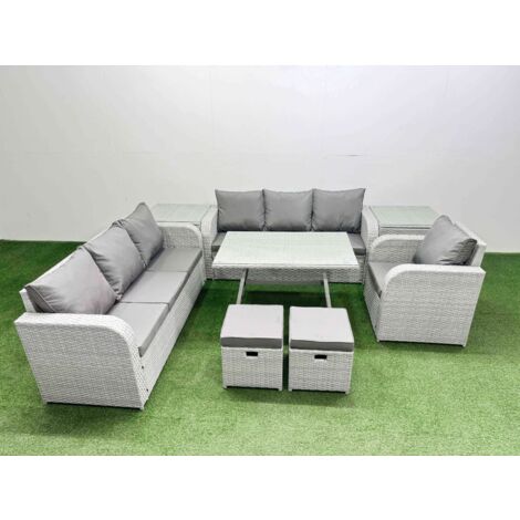 Fimous 8 Pieces Outdoor PE Rattan Garden Furniture with Cushions Reclining Chair 2 Side Tables 2 Small Stools Light Grey