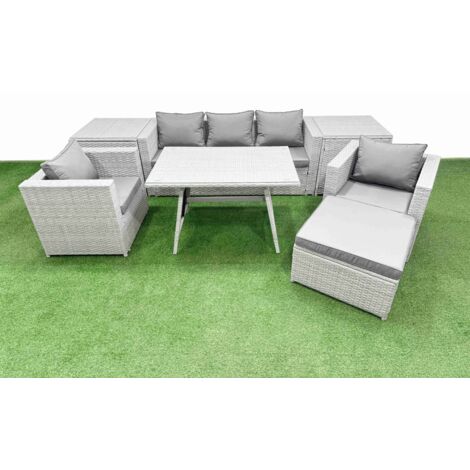 Fimous 8 Pieces Outdoor PE Rattan Sofa Armchair Set Patio Garden Furniture Sets with Cushions 2 Side Tables Big Stool Light Grey