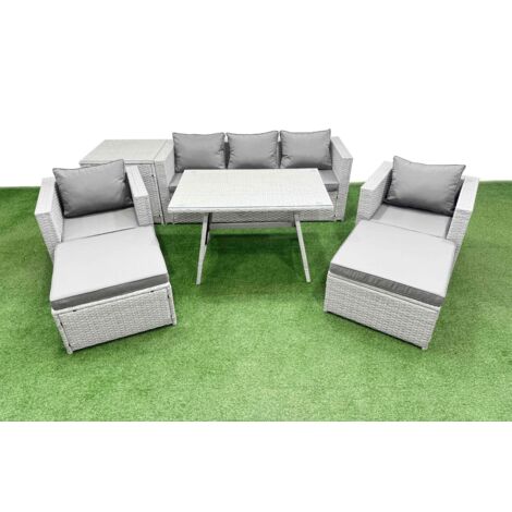 Fimous 8 Pieces Outdoor PE Rattan Sofa Armchair Set Patio Garden Furniture Sets with Cushions Side Table 2 Big Stools Light Grey