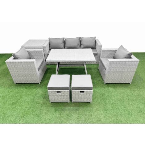 Fimous 8 Pieces Outdoor PE Rattan Sofa Armchair Set Patio Garden Furniture Sets with Cushions Side Table 2 Small Stools Light Grey