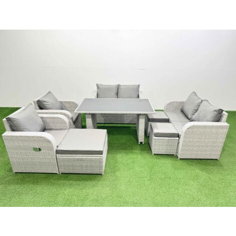 Fimous 8 Pieces Outdoor PE Rattan Sofa Reclining Chair Set Patio Garden Furniture Sets with Cushions 3 Stools Light Grey