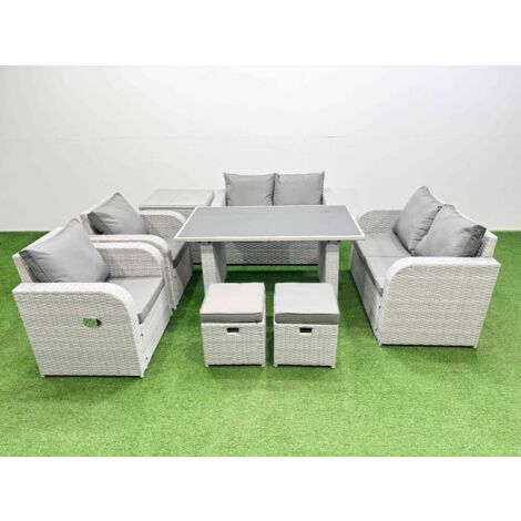 Fimous 8 Pieces Outdoor PE Rattan Sofa Reclining Chair Set Patio Garden Furniture Sets with Cushions Side Table 2 Small Stools Light Grey