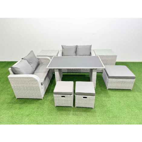Fimous 8 Pieces Outdoor PE Rattan Sofa Set Patio Garden Furniture Sets with Cushions 2 Side Tables 3 Stools Light Grey
