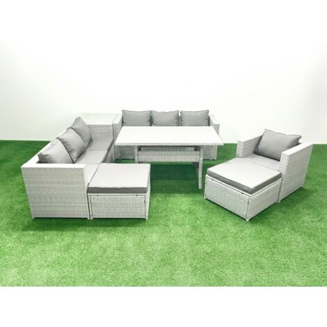 Fimous 8 Pieces Outdoor Rattan Sofa Set with Cushions Patio Garden Furniture Sets with Armchair Dining Table Side Table 2 Big Footstools