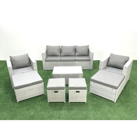Fimous 8 Pièces Salon de jardin Canapé de jardin avec Fauteuil Table basse 4 Tabourets Gris clair mixte