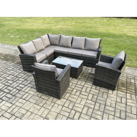 Fimous 8 places Dos haut Ensemble de meubles de jardin en rotin avec Table basse rectangulaire 2 Fauteuils Gris foncé mélangé