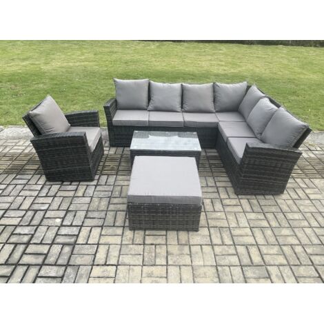Fimous 8 places Dos haut Ensemble de meubles de jardin en rotin avec Table basse rectangulaire Grands Tabouret Fauteuils Gris foncé mélangé