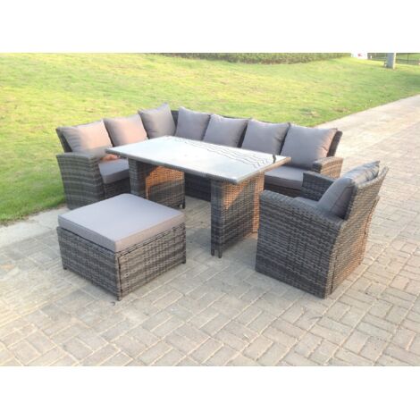 Fimous 8 places Dos haut Ensemble de meubles de jardin en rotin  Canapé d'angle avec Schwarz gehärtet Table de salle à manger Tabouret avec Fauteuil
