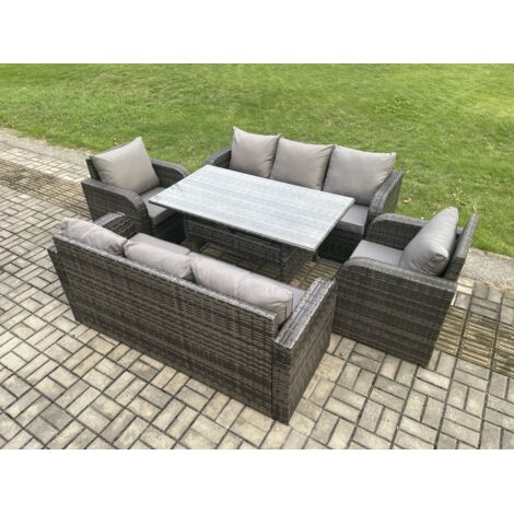 Fimous 8 places Ensemble de canapés de jardin en rotin Table à manger rectangulaire avec Fauteuil Canapé 3 places Gris foncé mélangé
