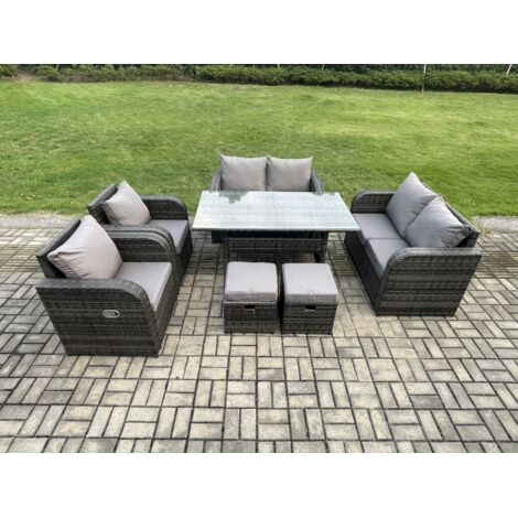 Fimous 8 places Ensemble de canapés de jardin en rotin Table à manger rectangulaire avec Fauteuils 2 Petits repose-pieds Gris foncé mélangé