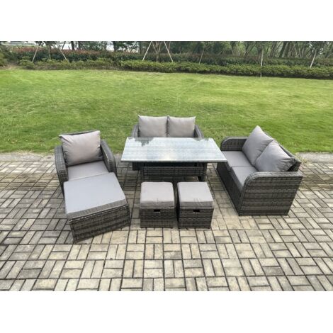 Fimous 8 places Ensemble de canapés de jardin en rotin Table à manger rectangulaire avec Fauteuils 3 Repose-pieds Gris foncé mélangé