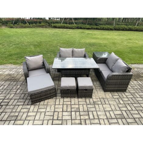 Fimous 8 places Ensemble de canapés de jardin en rotin Table à manger rectangulaire avec Fauteuils 3 Repose-pieds Table d'appoint Gris foncé mélangé