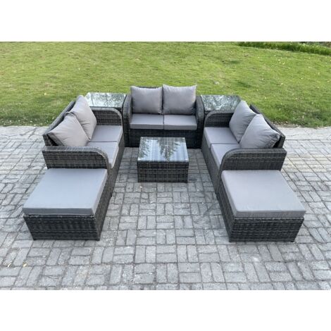 Fimous 8 places Ensemble de meubles de jardin en rotin avec Table basse carrée Love Sofa 2 grand tabouret 2 Tables d'appoint