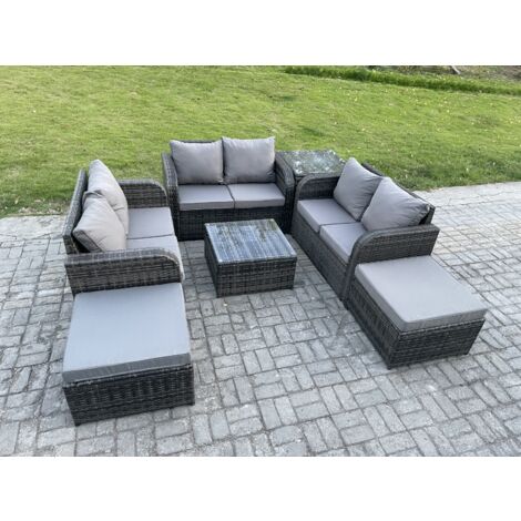 Fimous 8 places Ensemble de meubles de jardin en rotin avec Table basse carrée Love Sofa 2 grand tabouret Tables d'appoint