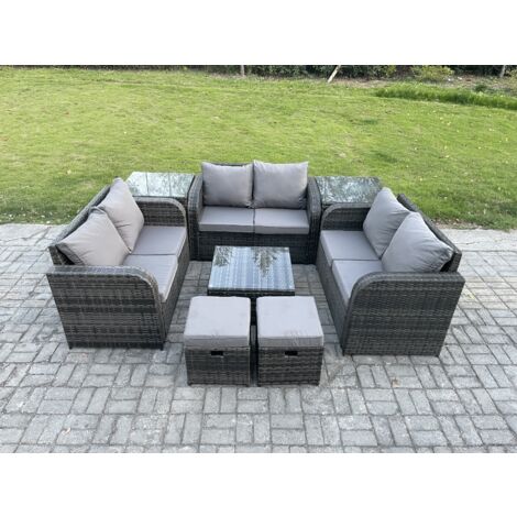Fimous 8 places Ensemble de meubles de jardin en rotin avec Table basse carrée Love Sofa 2 Petits poufs 2 Tables d'appoint