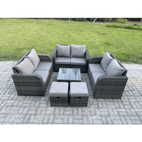 Fimous 8 places Ensemble de meubles de jardin en rotin avec Table basse carrée Love Sofa 2 Petits poufs