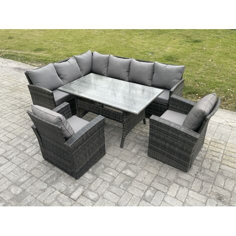 Fimous 8 places Ensemble de meubles de jardin en rotin d'extérieur avec Table à manger rectangulaire 2 Fauteuils Gris foncé mélangé