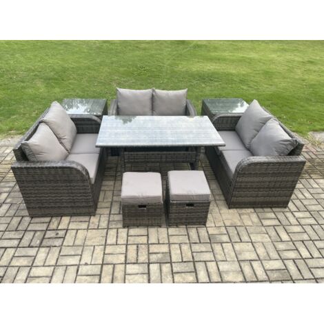 Fimous 8 places Ensemble de meubles de jardin en rotin d'extérieur avec Table à manger rectangulaire 2 Tables d'appoint canapé deux places 2 Petits repose-pieds Gris foncé mélangé