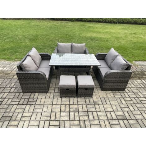 Fimous 8 places Ensemble de meubles de jardin en rotin d'extérieur avec Table à manger rectangulaire canapé deux places 2 Petits repose-pieds Gris foncé mélangé