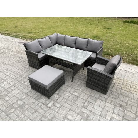 Fimous 8 places Ensemble de meubles de jardin en rotin d'extérieur avec Table à manger rectangulaire Grands Tabouret Fauteuils Gris foncé mélangé