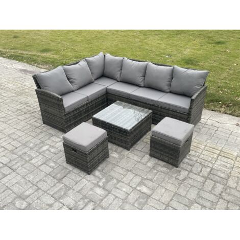 Fimous 8 places Ensemble de meubles de jardin en rotin Ensemble canapé d'angle aus Polyrattan avec Table basse carrée  2 Petits repose-pieds Gris foncé mélangé
