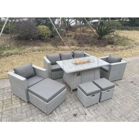 Fimous 8 places Ensemble de meubles de jardin en rotin ensemble Table de foyer à gaz canapé ave 2 Fauteuil Grand Tabourets 2 Petit Tabourets Gris Clair
