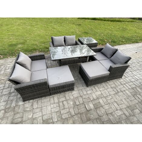 Fimous 8 places Ensemble de meubles de jardin en rotin s avec Table à manger oblongue DoppelsitzCanapé 2 Grands Tabourets Table d'appoint Gris foncé mélangé
