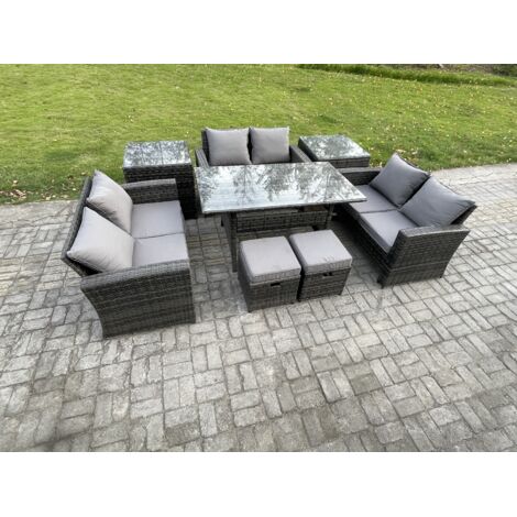 Fimous 8 places Ensemble de meubles de jardin en rotin s avec Table à manger oblongue DoppelsitzCanapé 2 Petits repose-pieds 2 Tables d'appoint Gris foncé mélangé