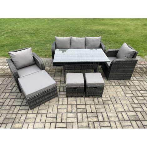 Fimous 8 places Ensemble de meubles de jardin en rotin Table à manger rectangulaire et Fauteuil Canapé avec 3 Repose-pieds Gris foncé mélangé