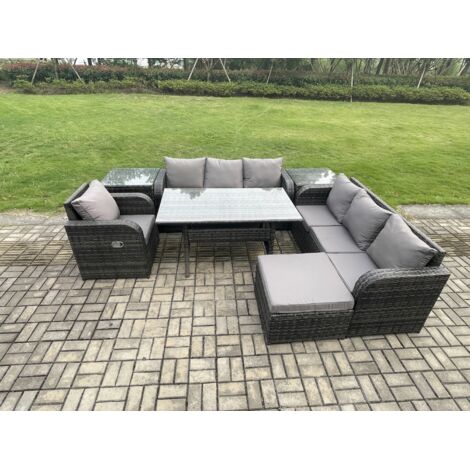 Fimous 8 places Ensemble de meubles de jardin en rotin  Table à manger rectangulaire et Fauteuils avec Canapé 3 places 2 Tables d'appoint Grands Tabouret Gris foncé mélangé