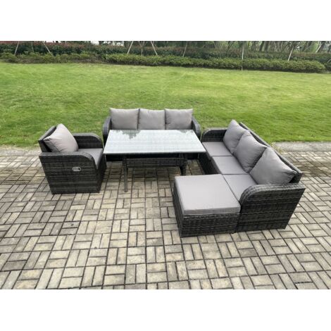 Fimous 8 places Ensemble de meubles de jardin en rotin  Table à manger rectangulaire et Fauteuils avec Canapé 3 places Grands Tabouret Gris foncé mélangé