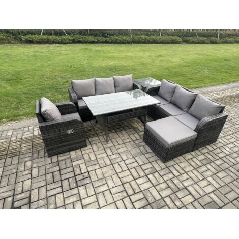 Fimous 8 places Ensemble de meubles de jardin en rotin  Table à manger rectangulaire et Fauteuils avec Canapé 3 places Grands Tabouret Table d'appointen Gris foncé mélangé