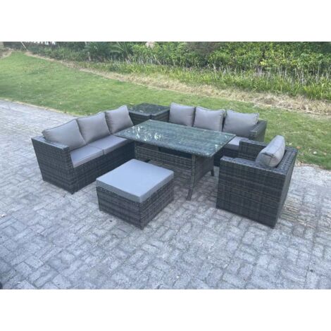 Fimous 8 places Ensemble de mobilier de jardin d'extérieur Fauteuil Table à manger rectangulaire avec Table d'appoint Grands Tabouret Gris foncé mélangé