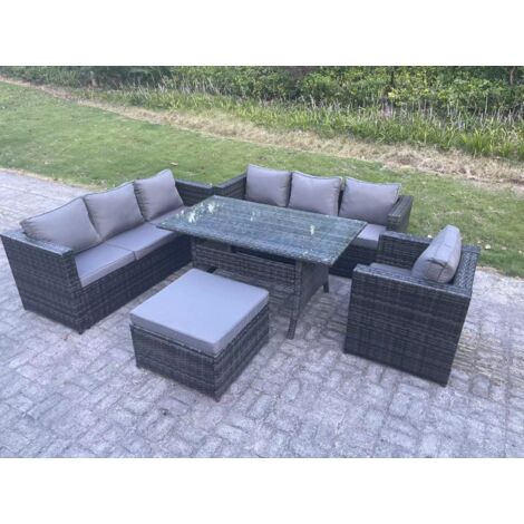 Fimous 8 places Ensemble de mobilier de jardin d'extérieur Table à manger rectangulaire Fauteuil avec Grands Tabouret Gris foncé mélangé