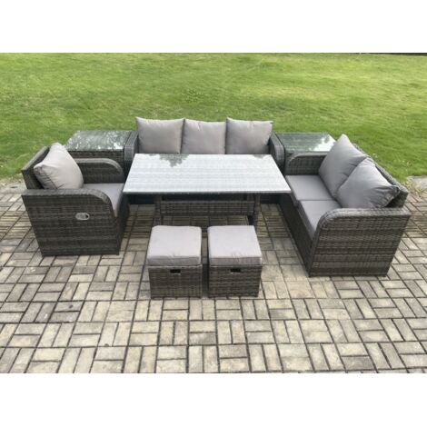 Fimous 8 places Ensembles de salons de jardin avec Fauteuil Inclinablen 2 Tables d'appoint 2 Petits repose-pieds Gris foncé mélangé