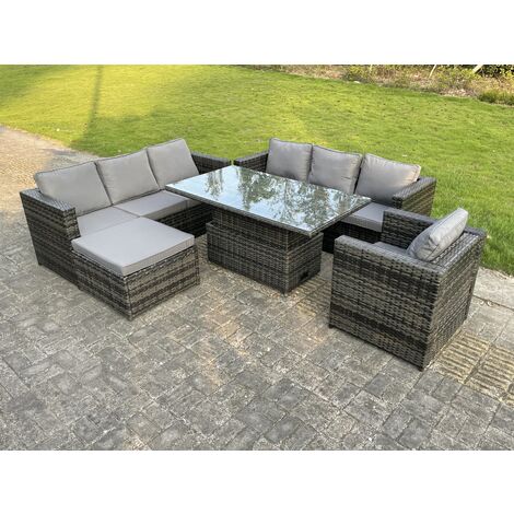 Fimous 8 Places Extérieur En Rotin Canapé Set Réglable Ascenseur Table À Manger Table Basse Chaises Tabouret de pied Gris Foncé