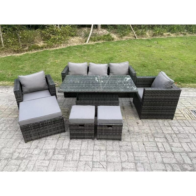 8 Places Extérieur Rotin Meubles De Jardin Canapé Ensemble Patio Table à Manger Réglable avec Fauteuil 3 Pieds Tabouret Gris Foncé Mix - Fimous