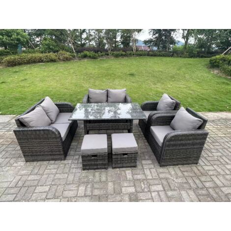 Fimous 8 places Gris foncé Ensemble de meubles de jardin en rotin  Fauteuil Inclinable canapé deux places Table à manger rectangulaire 2 Tabourets