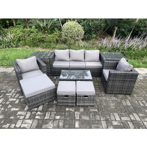 Fimous 8 places Meubles de Jardin en rotin avec 2 Fauteuils 2 Tables d'appoint Table oblongue 3 Tabourets Mélange gris foncé