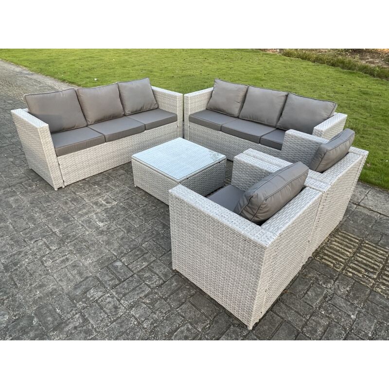 Fimous 8 places Meubles de Jardin en rotin Ensemble de canapé en rotin mit Canapé à 3 places 2 Fauteuil Table basse Carrée Gris Clair