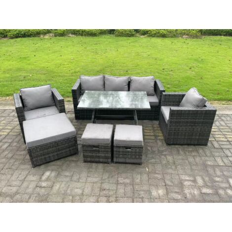 Fimous 8 places Meubles d'extérieur en rotin Ensemble de canapés de jardin avec Table à manger 2 Fauteuil 3 Tabourets Gris foncé mixte